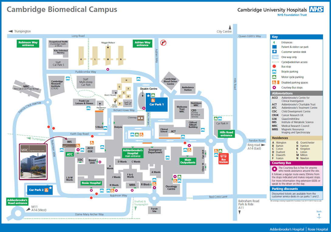 Map of Cambridge Biomenical Campus, showing the location of the MRC Epidemiology Unit and CETU.