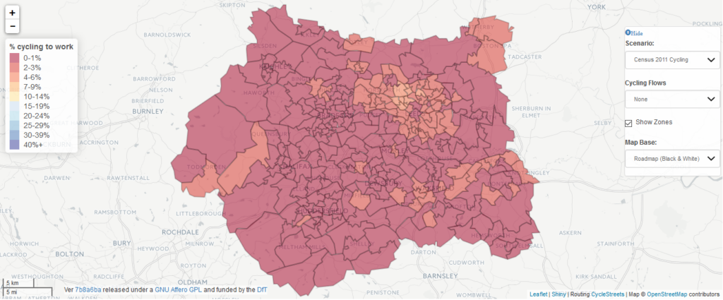 A heat map of West Yorkshire showing levels of cycling according to the 2011 Census. It shows generally low levels (less than 10%) levels of cycling across the area.
