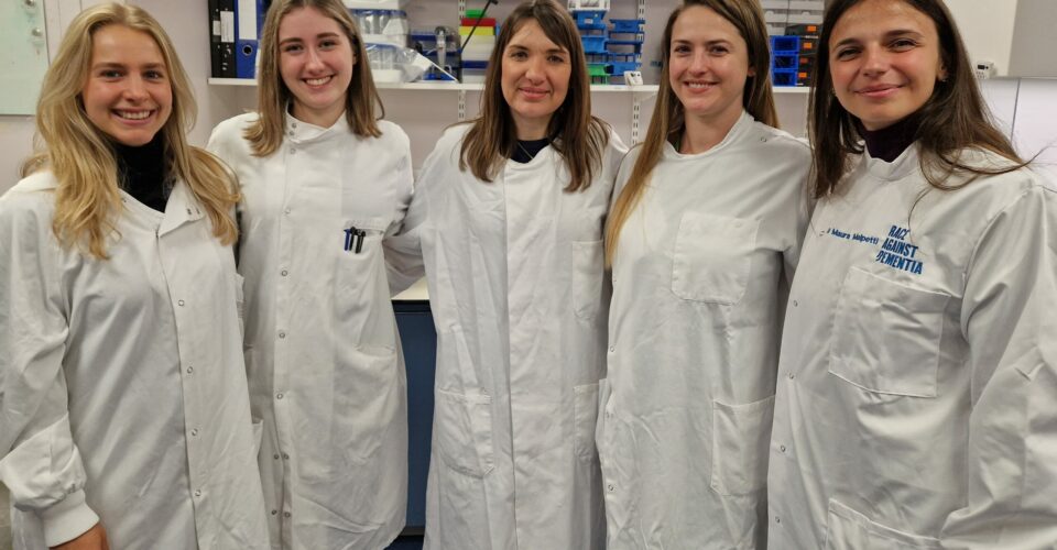 Photo taken in MRC Epidemiology unit Biorepository, featuring biorepository team members Natalia Piaszczyk and Lydia Moore, as well as Dr Maura Malpetti and BBC Look East reporter Nikki Fox.