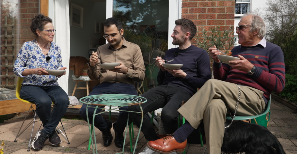 Still from ITV Anglia footage, reproduced with their consent. From left to right. EPic Norfolk volunteer Helen, Dr Shayan Aryannezhad, ITV Anglia reporter Andy Ward, EPID Norfolk volunteer Paul.